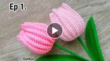 Ep1. Flower ???? Crochet Pink Tulip Flower Tutorial | Crochet Flower Bouquet #crochetflower